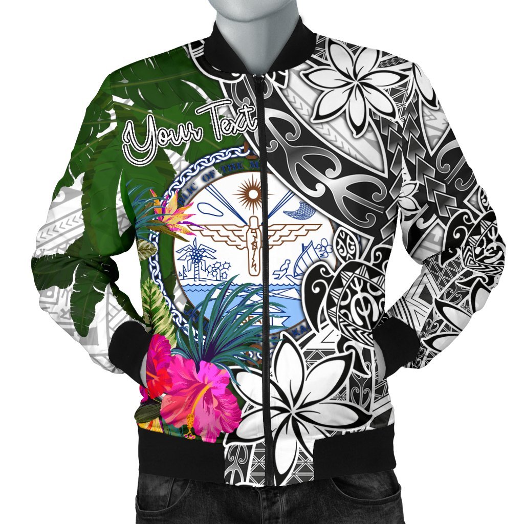 Marshall Islands Custom Personalised Men's Bomber Jacket - Turtle Plumeria Banana Leaf White - Polynesian Pride