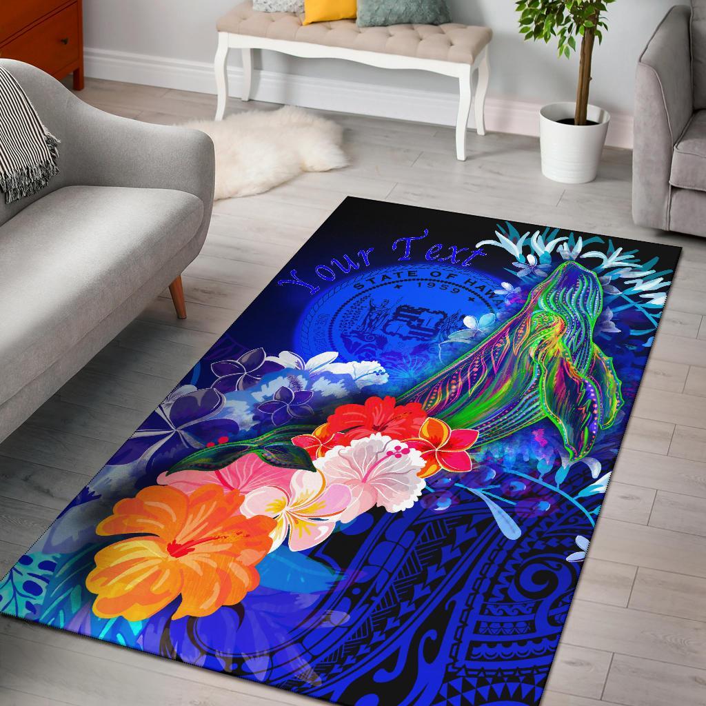 Polynesian Hawaii Custom Personalised Area Rug - Humpback Whale with Tropical Flowers (Blue) Blue - Polynesian Pride