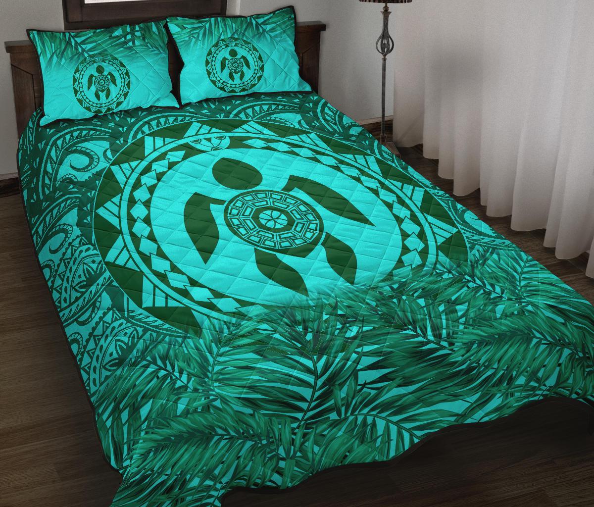 Polynesian Quilt Bed Set - Green Turtle Palm Torquoise Version Green - Polynesian Pride