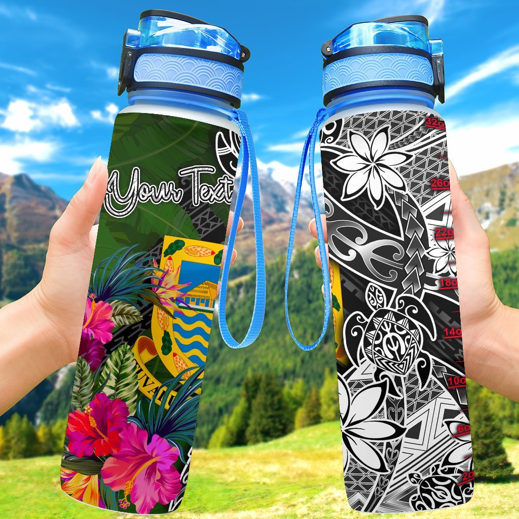 Tuvalu Custom Personalised Hydro Tracking Bottle - Turtle Plumeria Banana Leaf Hydro Tracking Bottle 32oz Large Black - Polynesian Pride