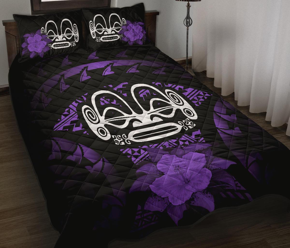 Marquesas Islands Polynesian Quilt Bed Set Hibiscus Purple Black - Polynesian Pride