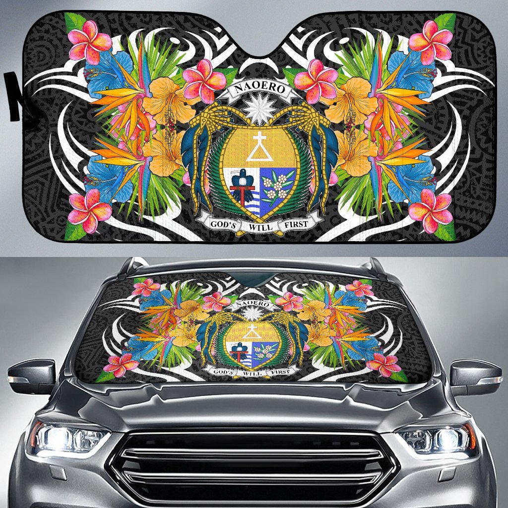 Nauru Auto Sun Shades - Coat Of Arms With Tropical Flowers Auto Sun Shade - Nauru Universal Fit Black - Polynesian Pride