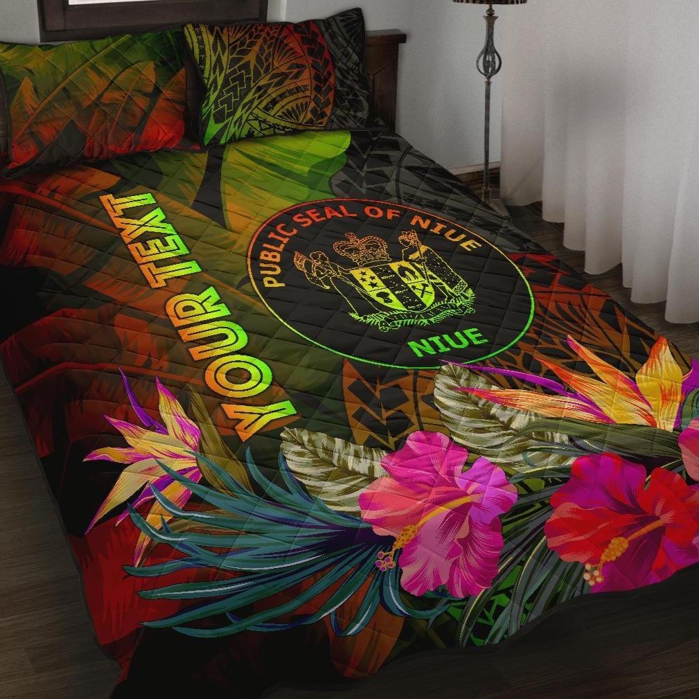 Niue Polynesian Personalised Quilt Bed Set - Hibiscus and Banana Leaves Art - Polynesian Pride