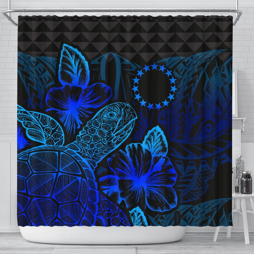 Cook Islands Shower Curtain Turtle Hibiscus Blue 177 x 172 (cm) Blue - Polynesian Pride