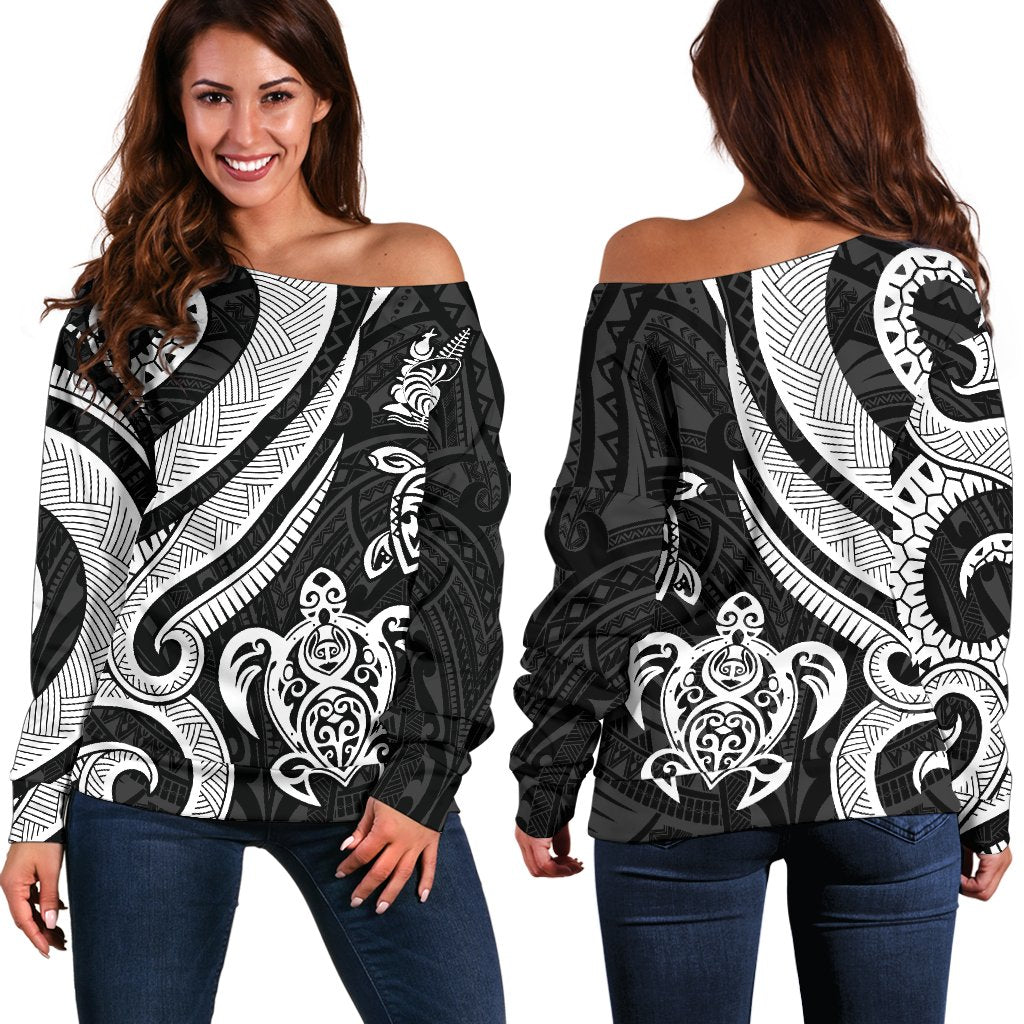 New Caledonia Women's Off Shoulder Sweater - White Tentacle Turtle White - Polynesian Pride