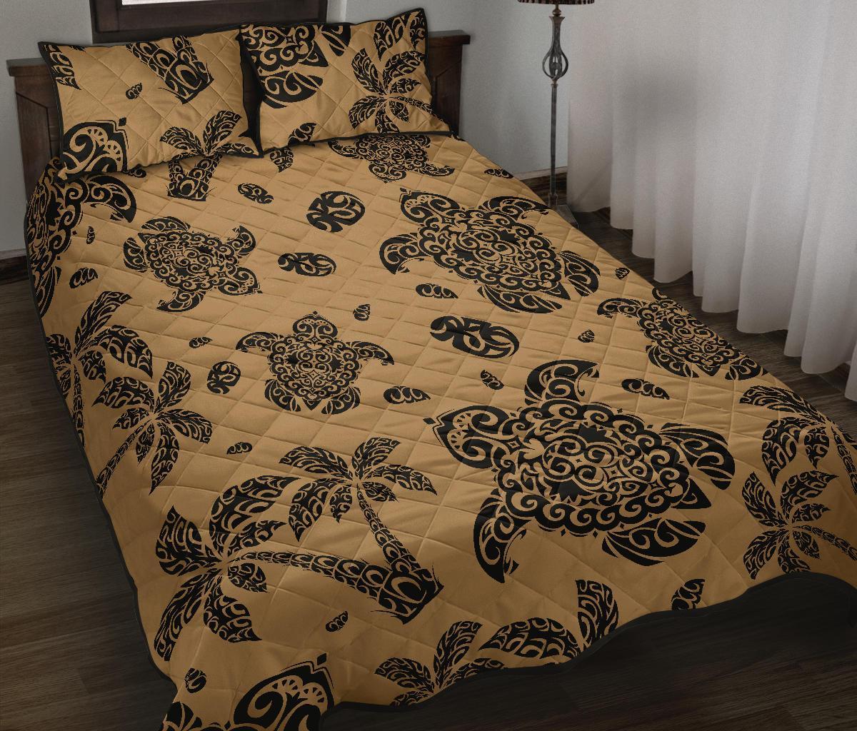 Hawaii Quilt Bed Set Polynesia Turtle Palm And Sea Pebbles Gold AH Gold - Polynesian Pride