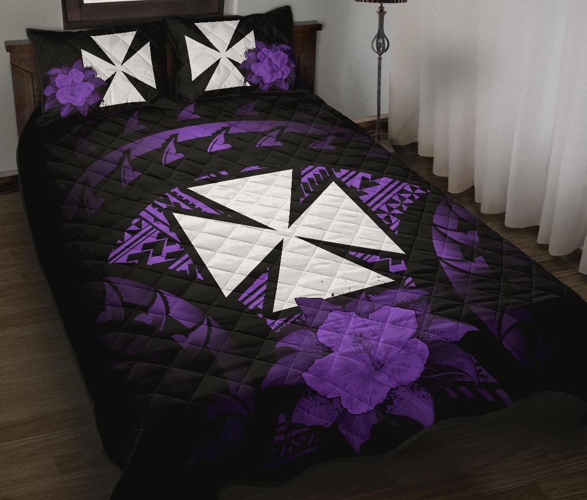 Wallis And Futuna Polynesian Quilt Bed Set Hibiscus Purple Black - Polynesian Pride