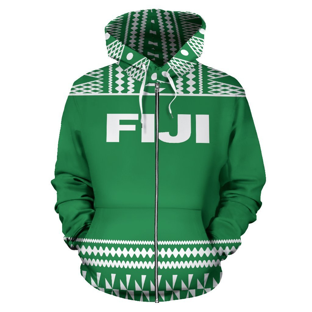Fiji Tapa All Over Zip up Hoodie Green and White Version - Polynesian Pride