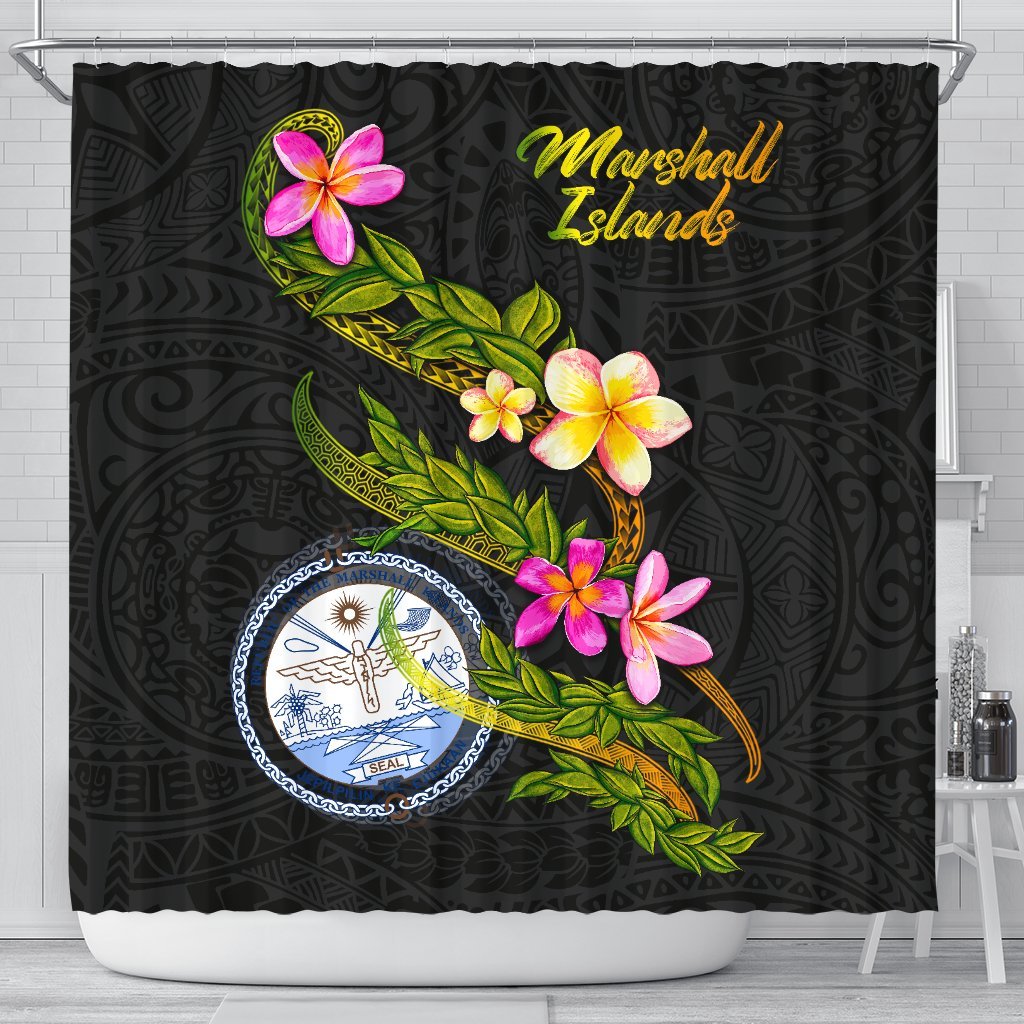 Marshall Islands Polynesian Shower Curtain - Plumeria Tribal 177 x 172 (cm) Black - Polynesian Pride