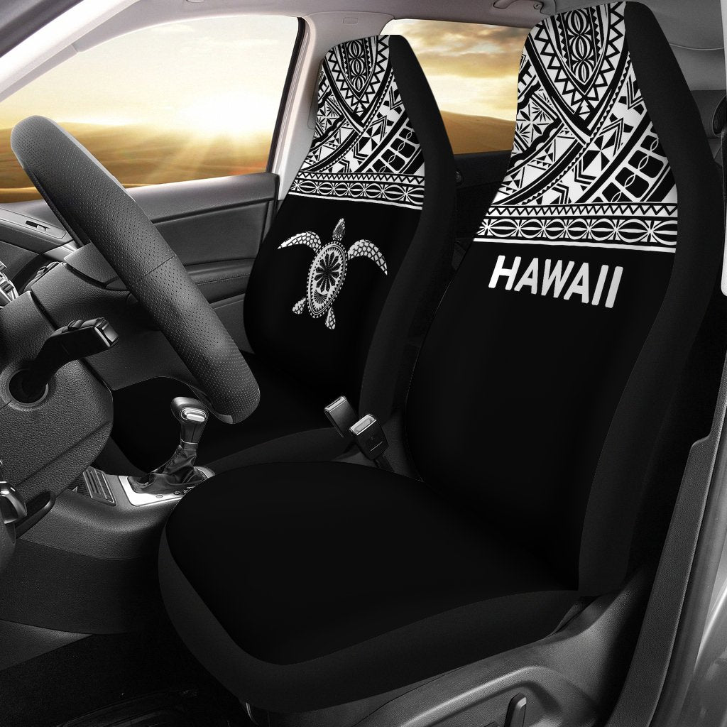 Hawaii Car Seat Covers - Polynesian Turtle Tattoo White Horizontal Universal Fit Black - Polynesian Pride