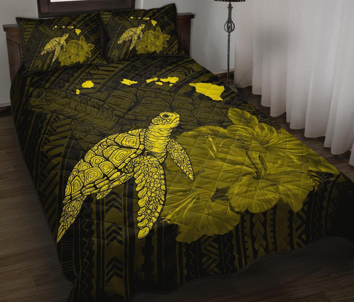 Hawaii Polynesian Hibiscus Turtle Map Quilt Bed Set - AH - Yellow - Polynesian Pride