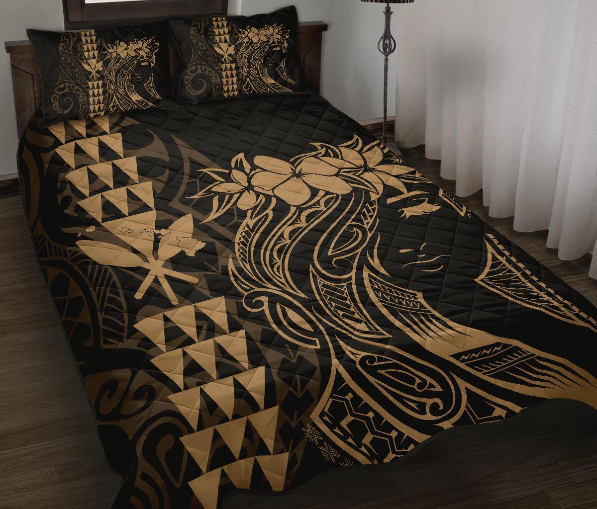 Hawaii Map Kanaka Polynesian Hula Girl Quilt Bed Set - Gold Gold - Polynesian Pride