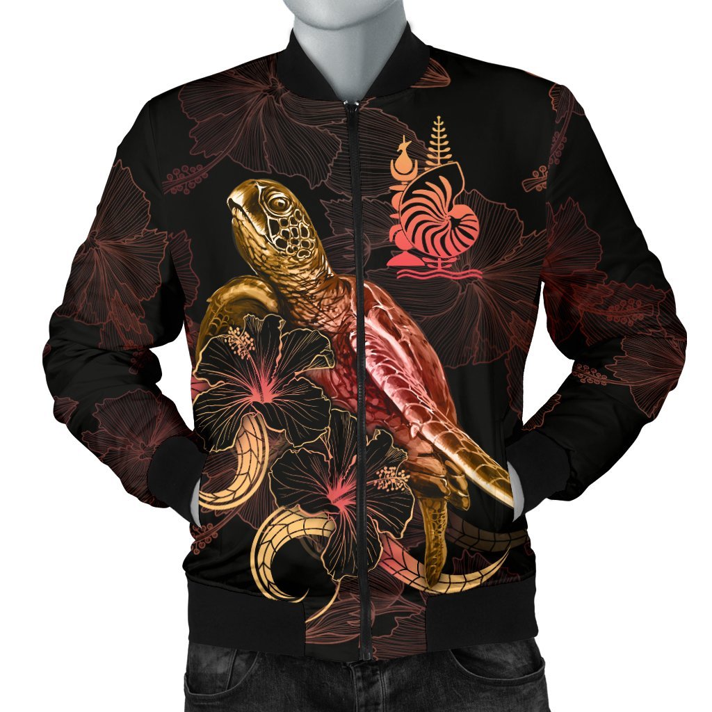 New Caledonia Polynesian Men's Bomber Jacket - Turtle With Blooming Hibiscus Gold Gold - Polynesian Pride