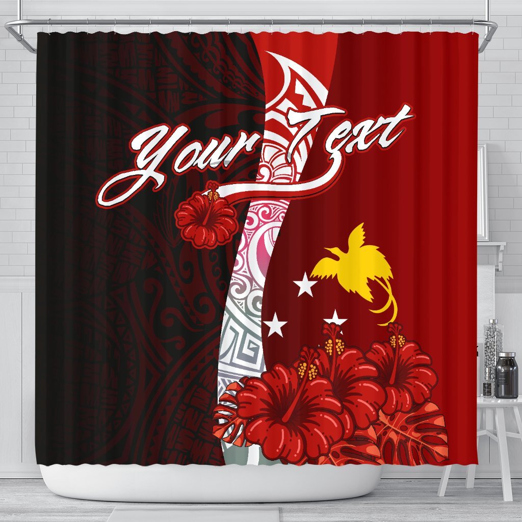 Papua New Guinea Polynesian Custom Personalised Shower Curtain - Coat Of Arm With Hibiscus 177 x 172 (cm) Red - Polynesian Pride