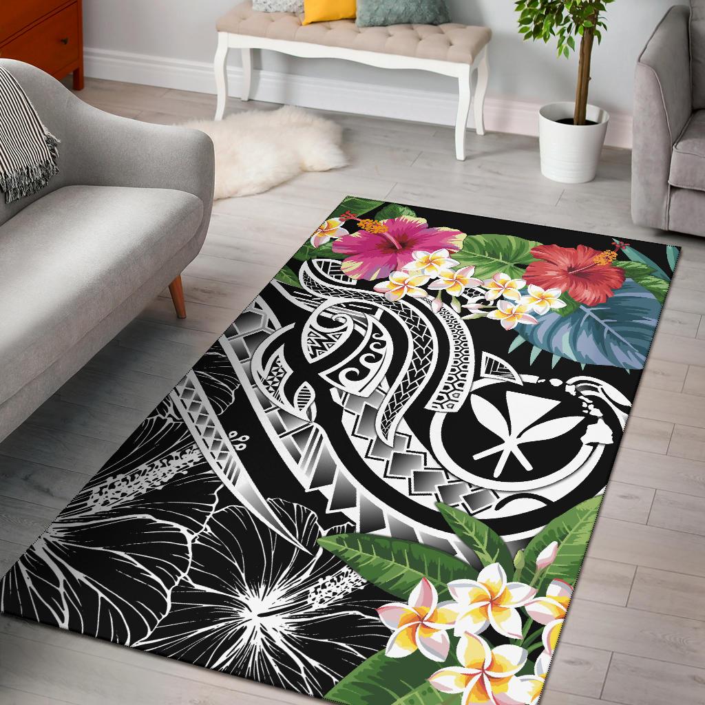 Polynesian Hawaii Kanaka Maoli Area Rug - Summer Plumeria (Black) Black - Polynesian Pride