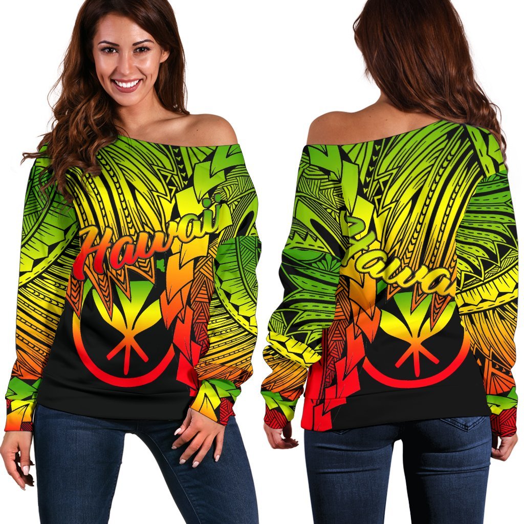 Polynesian Hawaii Women's Off Shoulder Sweater - Tribal Wave Tattoo Reggae Art - Polynesian Pride