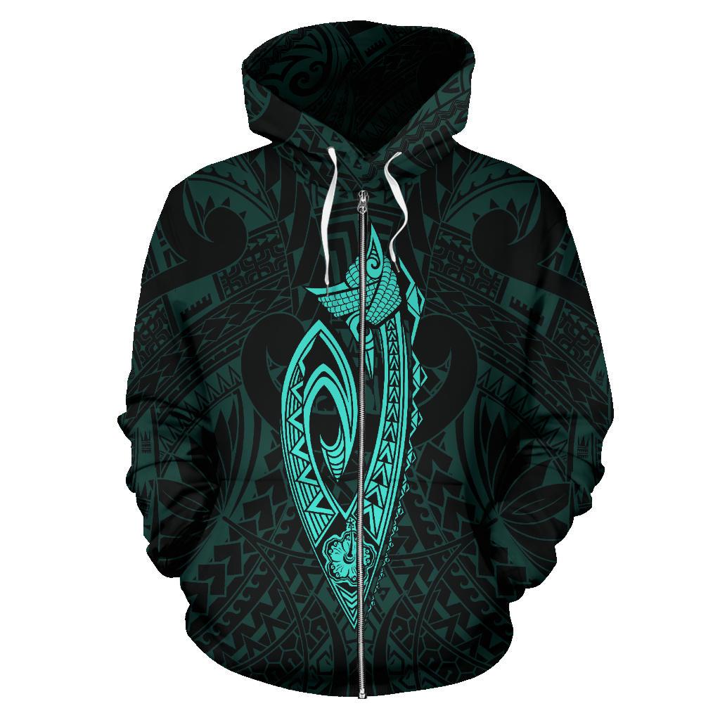 Polynesian Fish Hook Kanaka Map of Hawaii Zip Hoodie Turquoise - Polynesian Pride