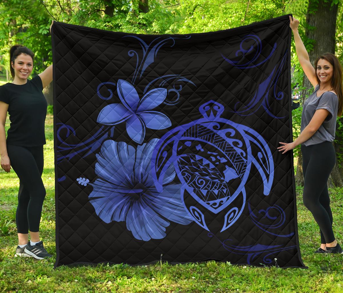 Hawaii Turtle Hibiscus Premium Quilt Blue Blue - Polynesian Pride