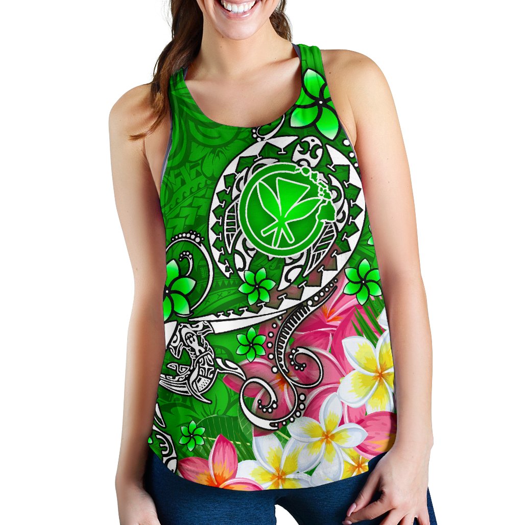 Hawaii Women's Racerback Tank - Turtle Plumeria Polynesian Tattoo Green Color - Polynesian Pride