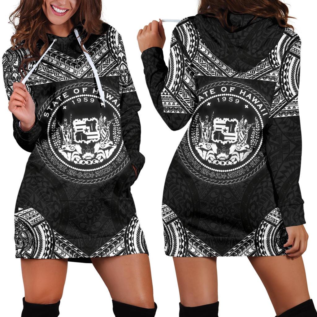 Hawaii Women's Hoodie Dress - Turtle Polynesian Pattern Black - Polynesian Pride