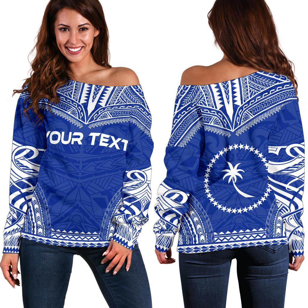 Chuuk Polynesian Chief Custom Personalised Women's Off Shoulder Sweater - Flag Version Blue - Polynesian Pride