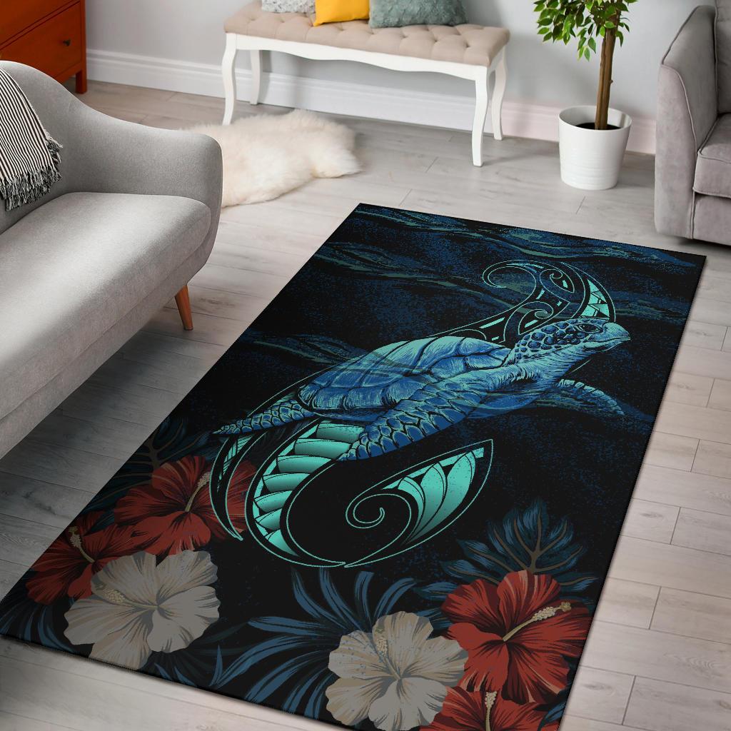 Hawaii Polynesian Honu Sea Hibiscus Rug Black - Polynesian Pride