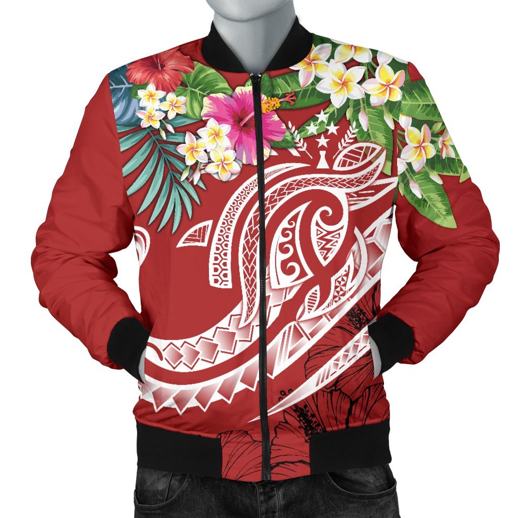 Kosrae Polynesian Men's Bomber Jacket - Summer Plumeria (Red) Red - Polynesian Pride