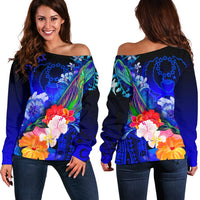 Pohnpei Custom Personalised Women's Off Shoulder Sweater - Humpback Whale with Tropical Flowers (Blue) Blue - Polynesian Pride