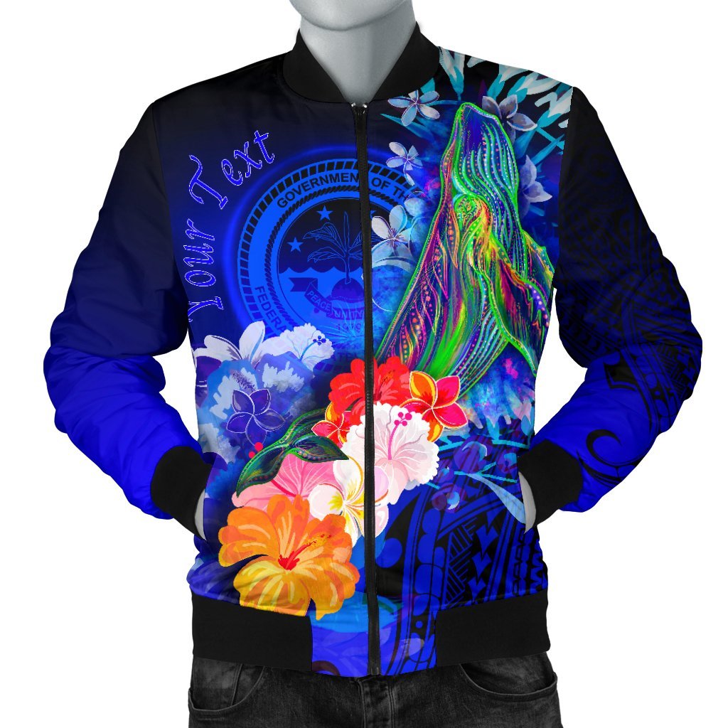 Federated States of Micronesia Custom Personalised Men's Bomber Jacket - Humpback Whale with Tropical Flowers (Blue) Blue - Polynesian Pride