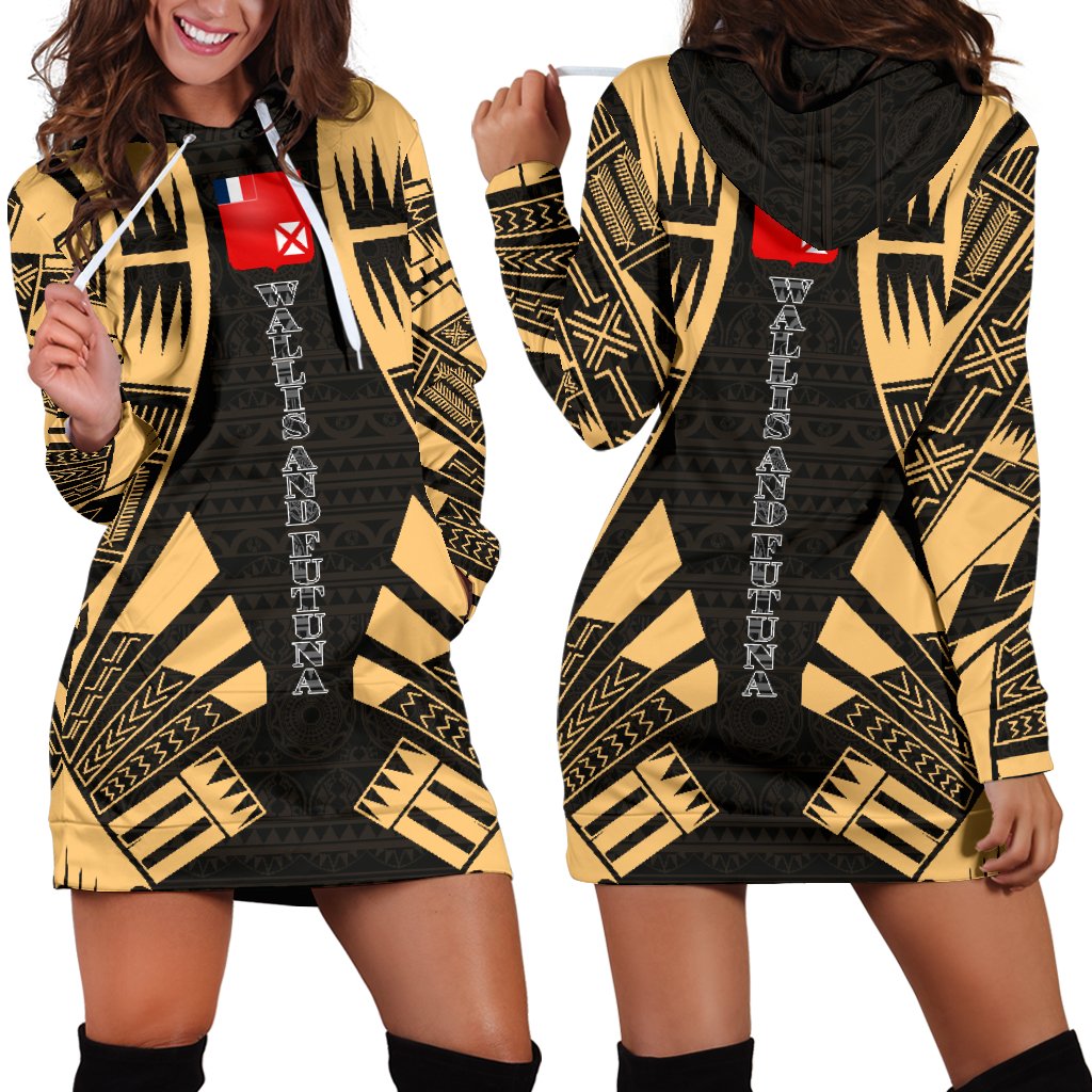 Wallis And Futuna Hoodie Dress - Polynesian Tattoo Gold Gold - Polynesian Pride