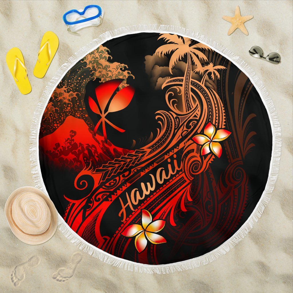 Hawaii Polynesian Beach Blanket - Plumeria Flowers And Waves - Polynesian Pride