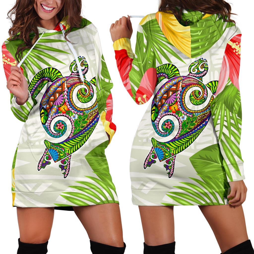 Polynesian Hawaii Women Hoodie Dress Turtle Colorful White - Polynesian Pride