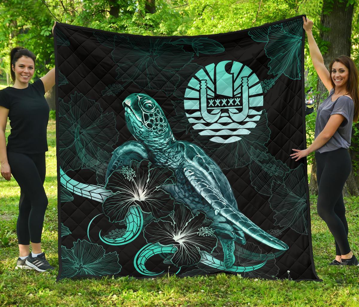 Tahiti Polynesian Premium Quilt - Turtle With Blooming Hibiscus Turquoise Turquoise - Polynesian Pride