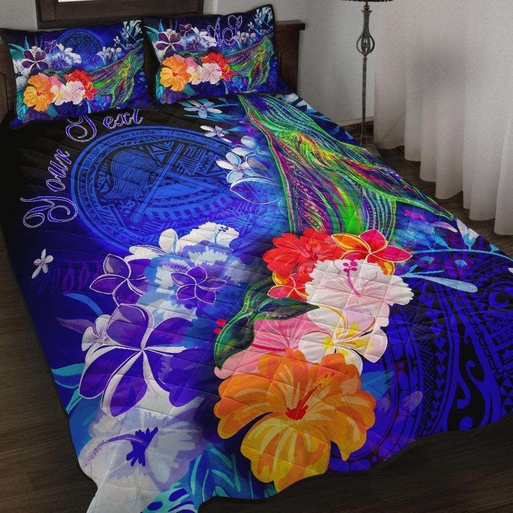 American Samoa Polynesian Custom Personalised Quilt Bed Set - Humpback Whale with Tropical Flowers (Blue) Blue - Polynesian Pride