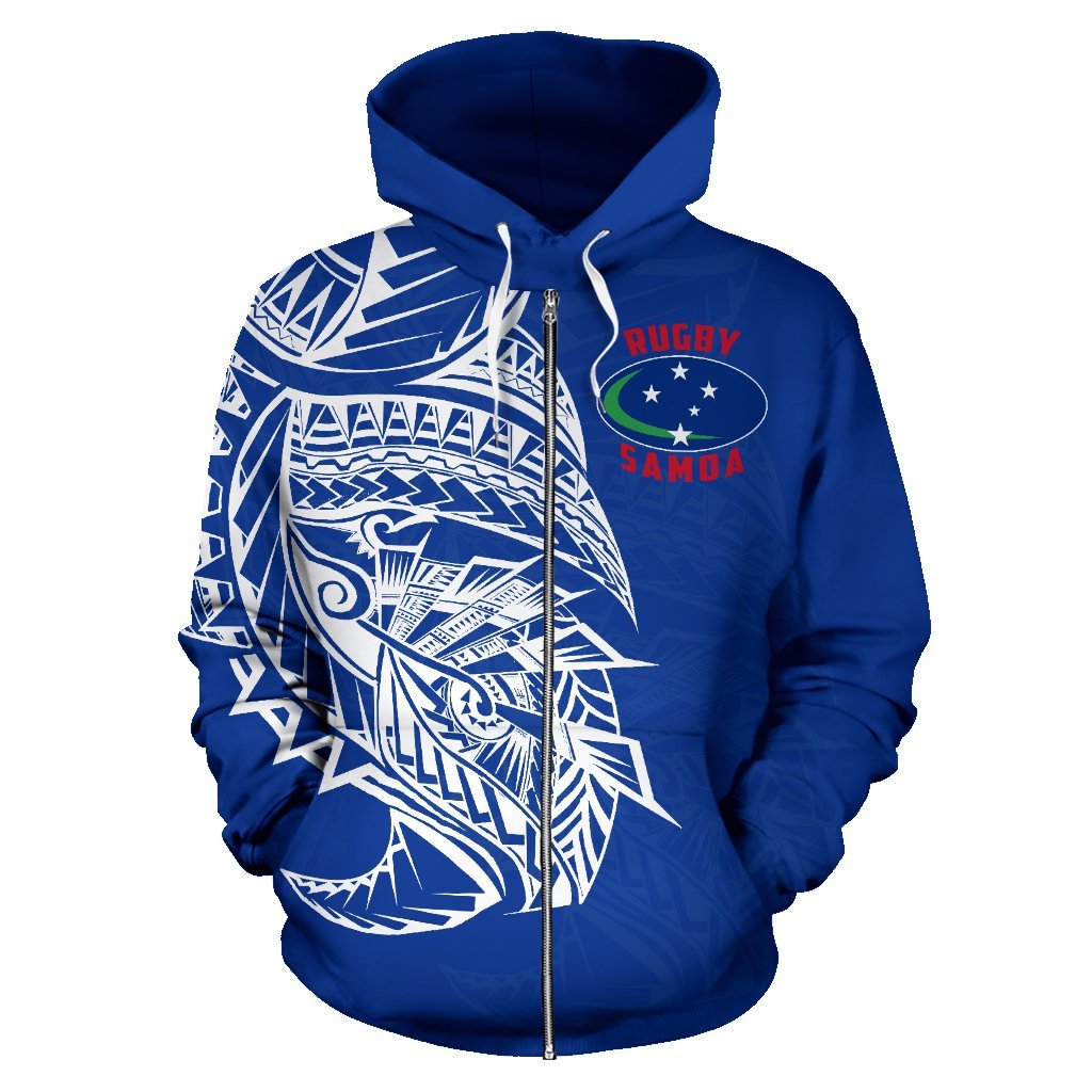 Samoa Rugby Zip up Hoodie Samoa Flag Rugby Coat of Arms Blue - Polynesian Pride