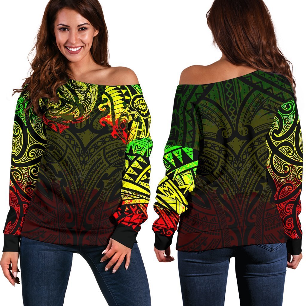 New Zealand Women's Off Shoulder Sweater, Maori Polynesian Tattoo Reggage Art - Polynesian Pride