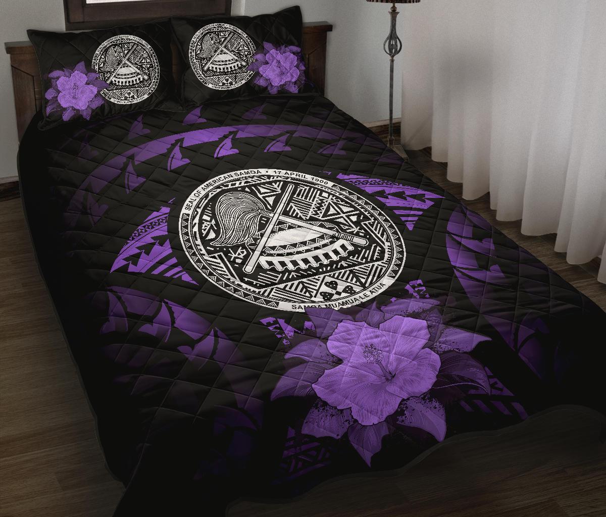 American Samoa Polynesian Quilt Bed Set Hibiscus Purple Black - Polynesian Pride