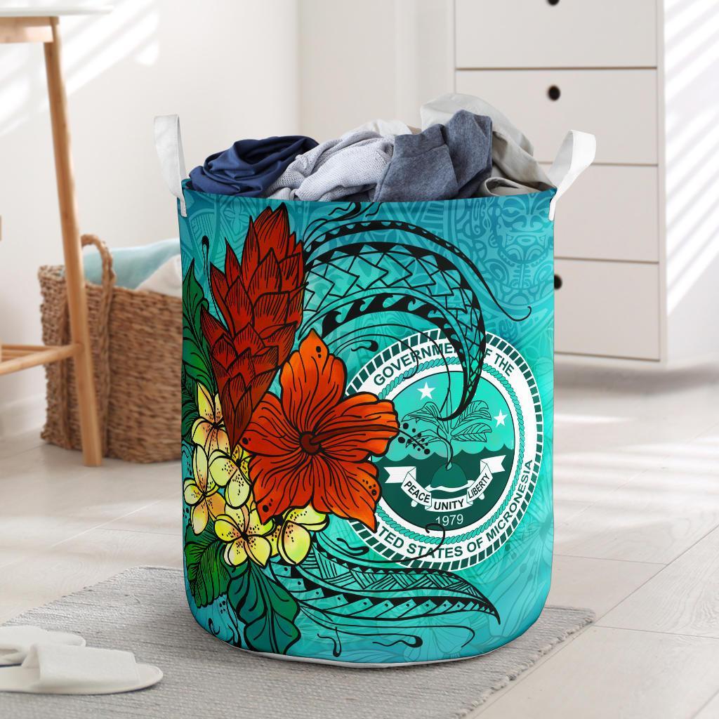 Federated States of Micronesia Laundry Basket - Tropical Flowers Style Laundry Basket - Federated States of Micronesia One Size Blue - Polynesian Pride