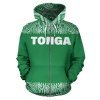 Tonga All Over Zip up Hoodie Polynesian Green and White - Polynesian Pride