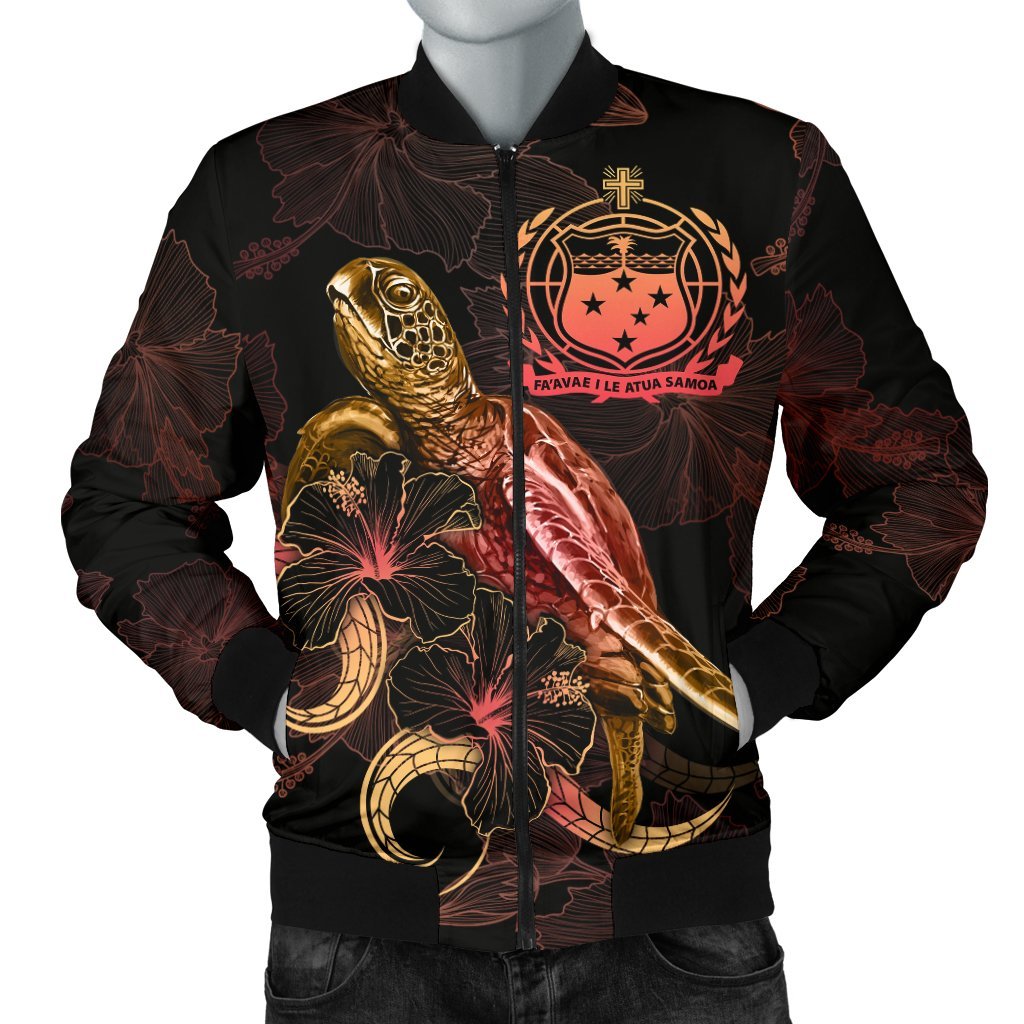 Samoa Polynesian Men's Bomber Jacket - Turtle With Blooming Hibiscus Gold Gold - Polynesian Pride