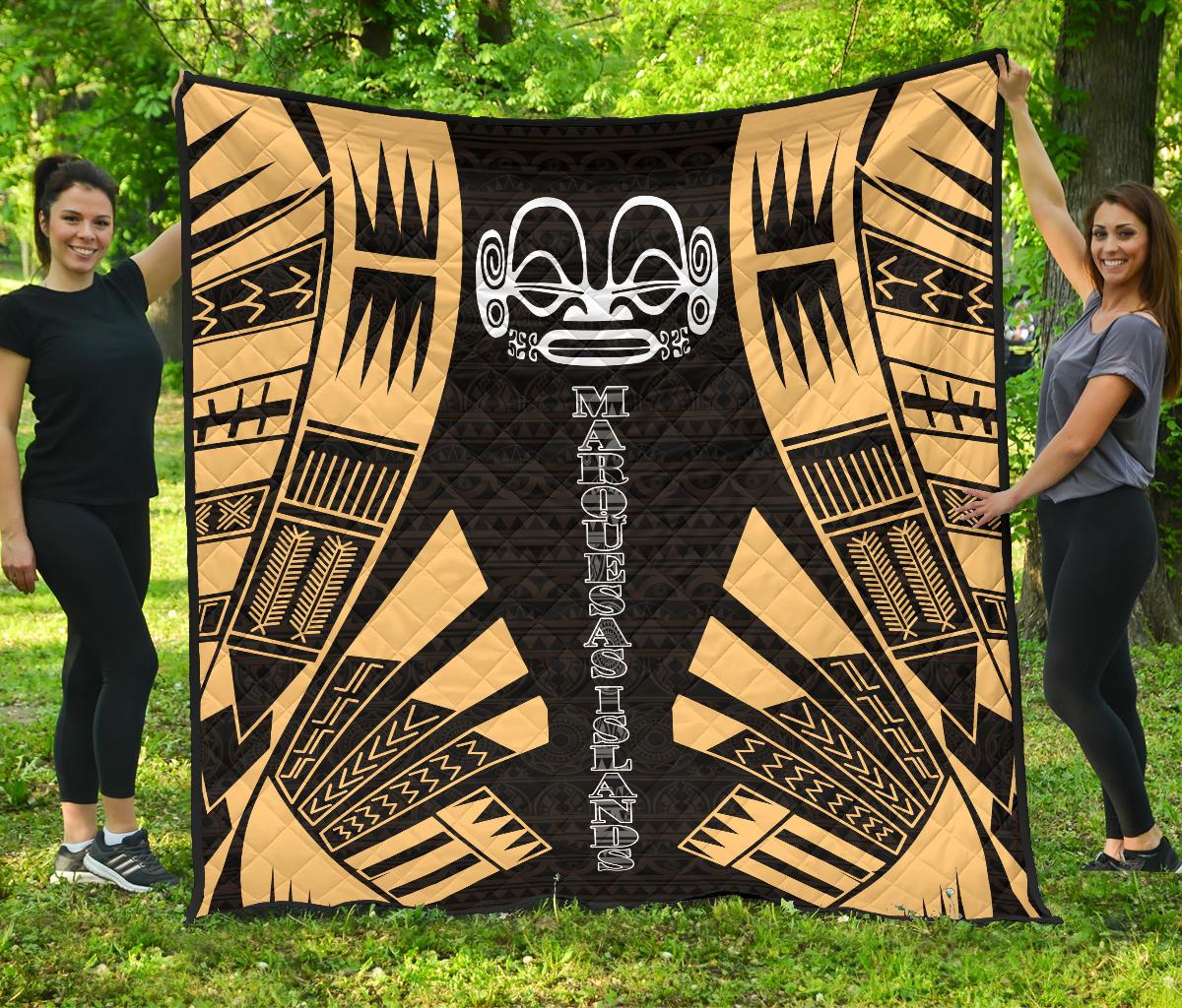 Marquesas Islands Premium Quilt - Marquesas Islands Tiki Face Polynesian Gold Tattoo Gold - Polynesian Pride