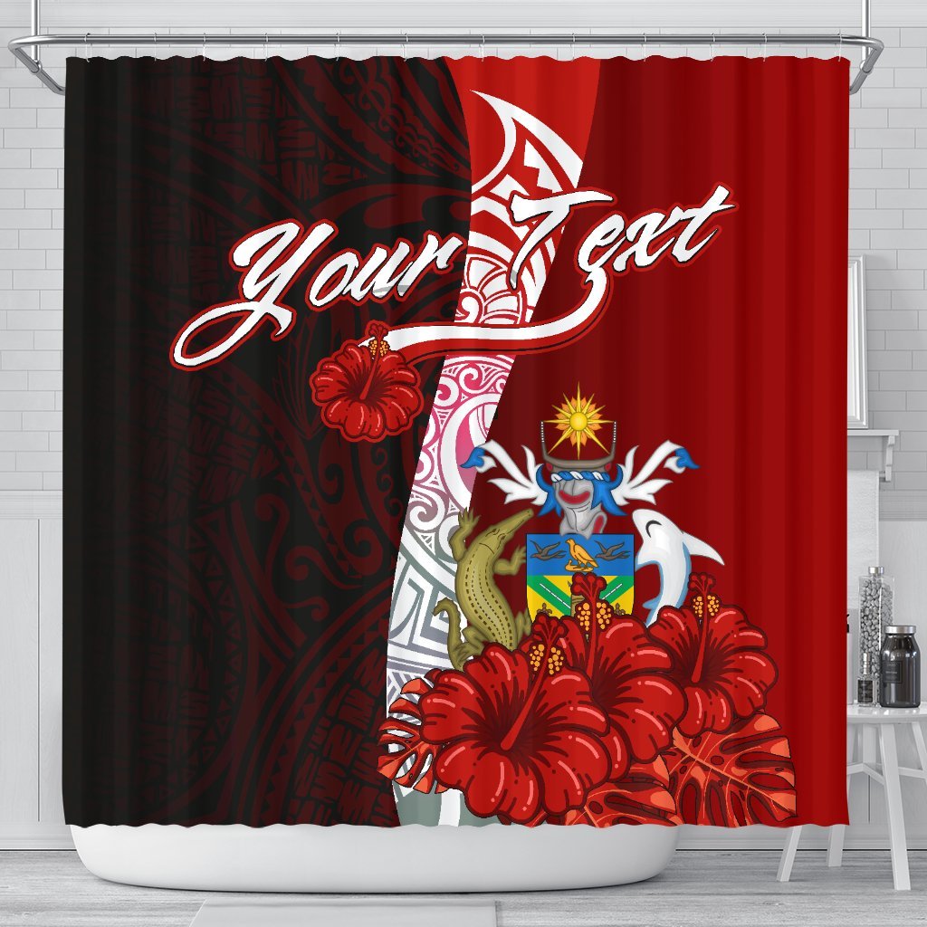 Solomon Islands Polynesian Custom Personalised Shower Curtain - Coat Of Arm With Hibiscus 177 x 172 (cm) Red - Polynesian Pride