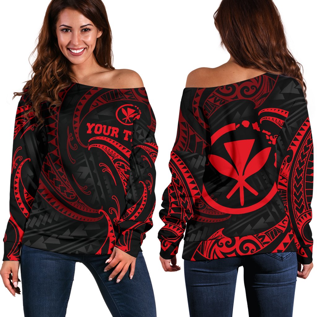 Hawaii Polynesian Custom Personalised Women's Off Shoulder Sweater - Red Tribal Wave Red - Polynesian Pride