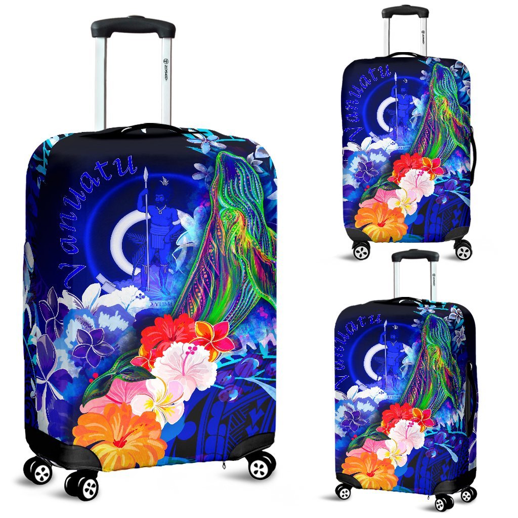 Vanuatu Luggage Covers - Humpback Whale with Tropical Flowers (Blue) - Polynesian Pride