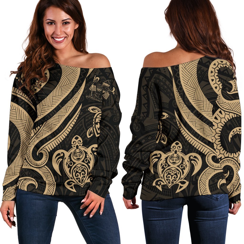 Fiji Polynesian Women Of Shoulder Sweater - Gold Tentacle Turtle Crest Gold - Polynesian Pride