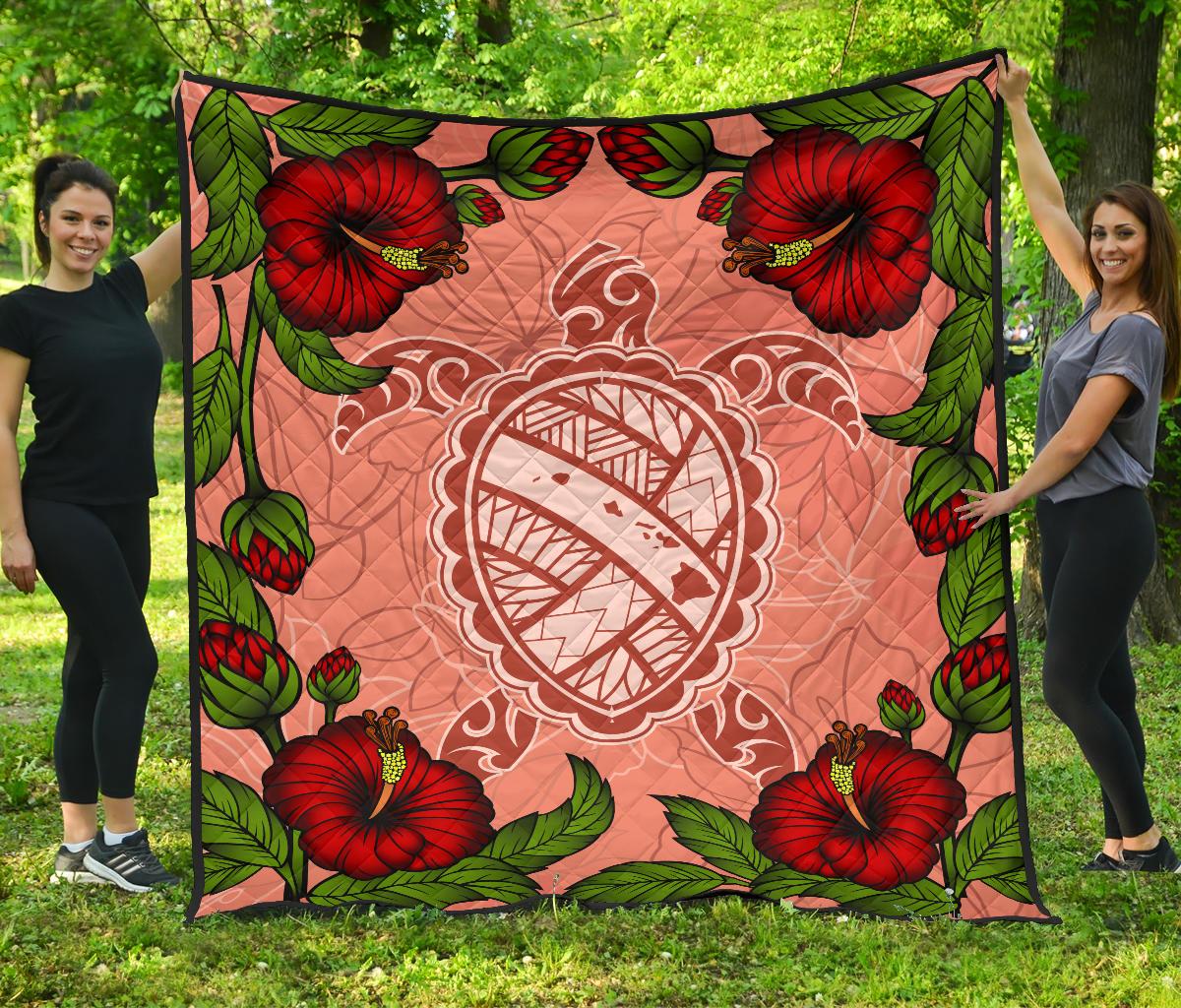 Hawaii Turtle Hibiscus Pink Premium Quilt - Polynesian Pride