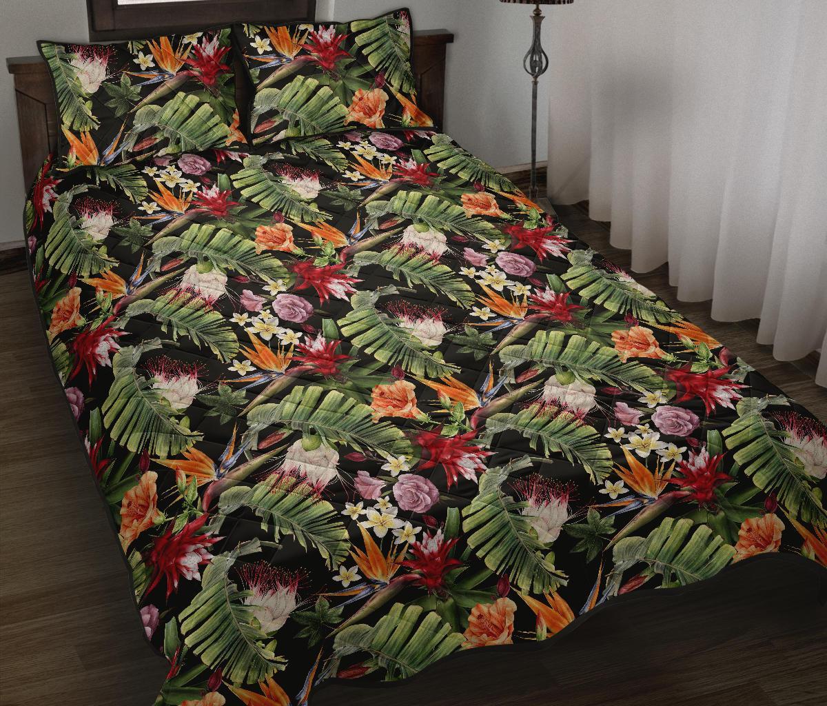 Hawaii Quilt Bed Set Tropical Flowers Watercolor. AH Black - Polynesian Pride