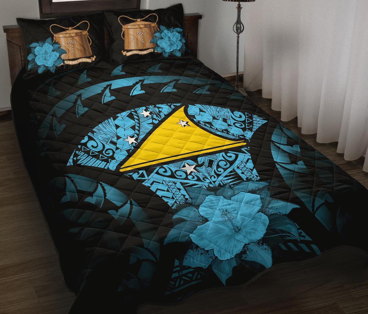 Tokelau Polynesian Quilt Bed Set Hibiscus Blue Black - Polynesian Pride