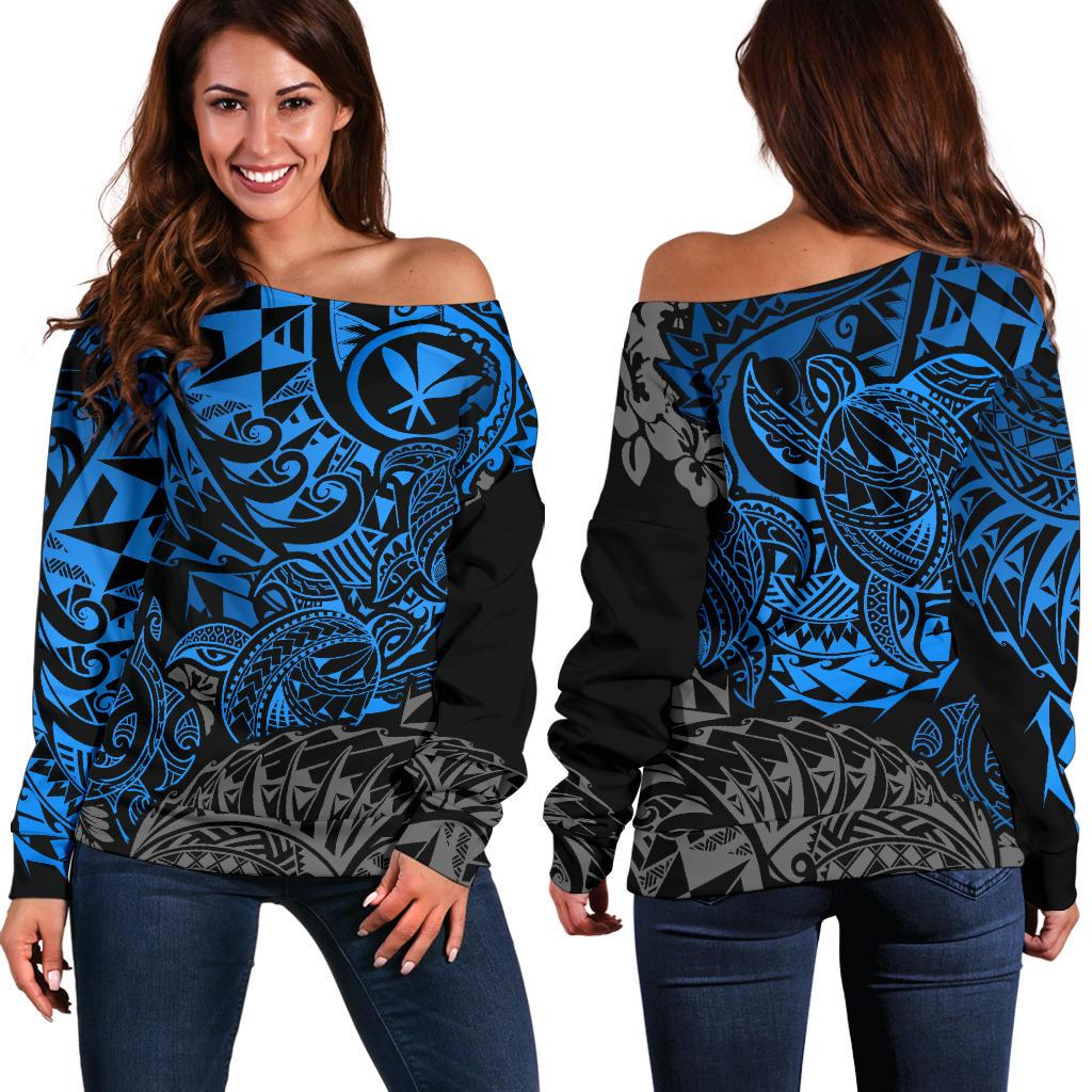 Polynesian Hawaii (Kanaka Maoli) Off Shoulder Sweater - Blue Turtle Hibiscus Flowing Blue - Polynesian Pride