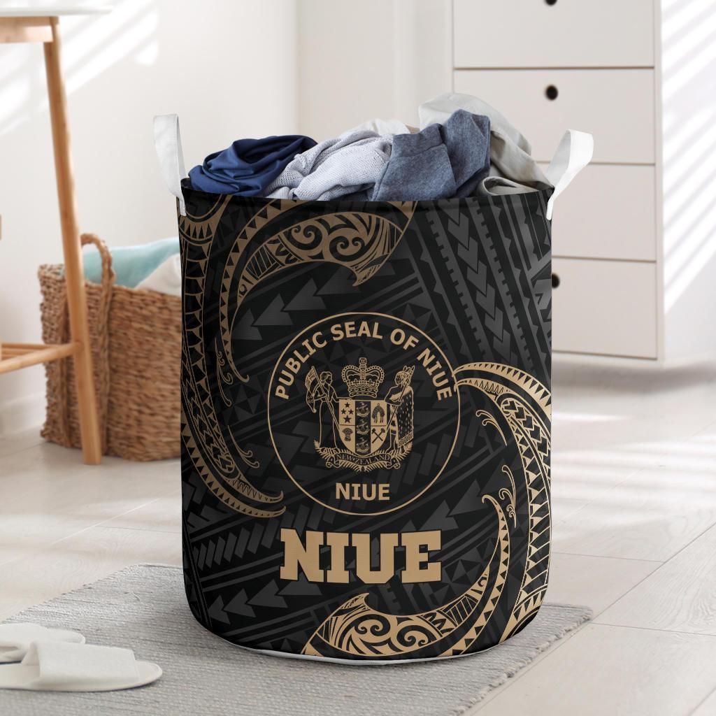 Niue Polynesian Laundry Basket - Gold Tribal Wave One Style One Size Black - Polynesian Pride